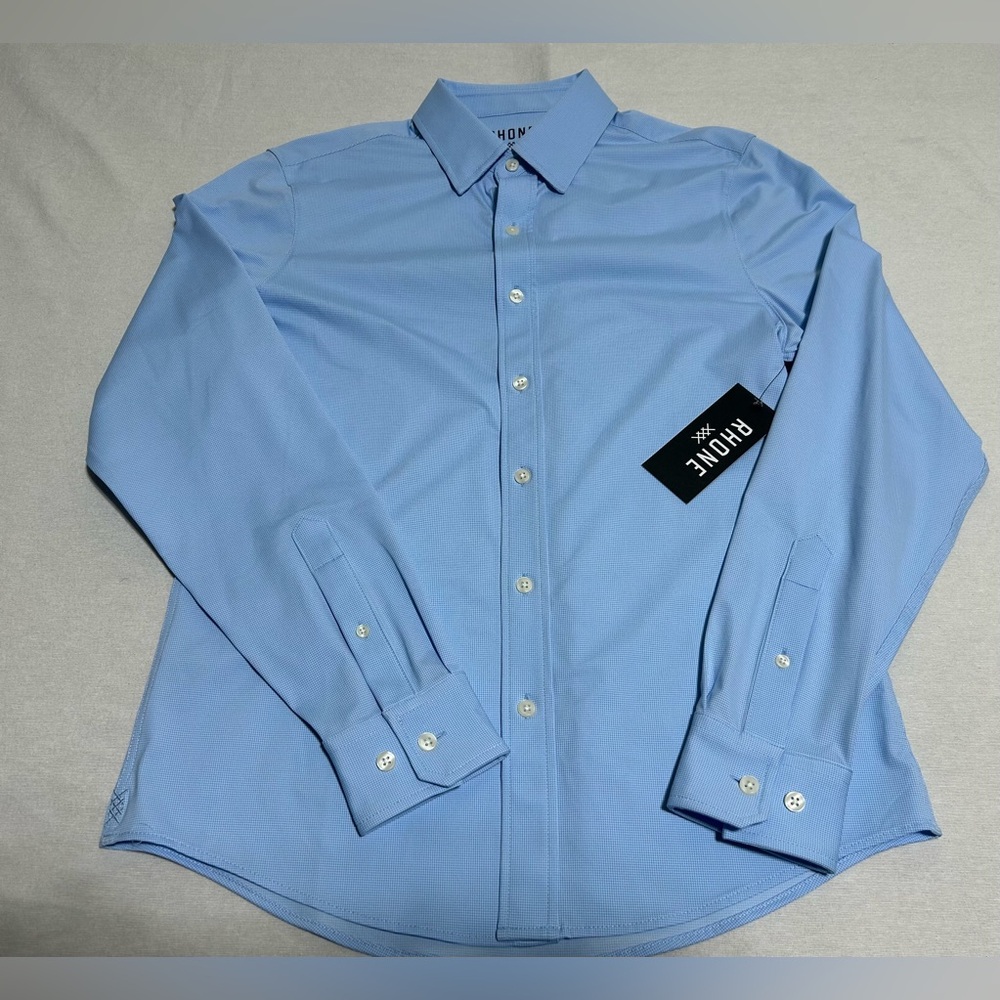 Men’s NWT RHONE Commuter Long Sleeve Shirt Blue Mini Windsor Small Slim Fit